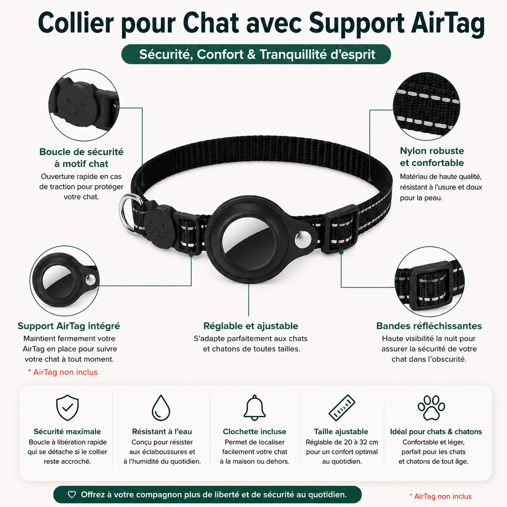 Collier pour Chat avec Support AirTag – Réfléchissant & Sécurisé