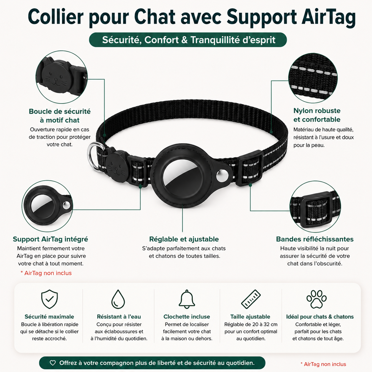 Collier pour Chat avec Support AirTag – Réfléchissant & Sécurisé